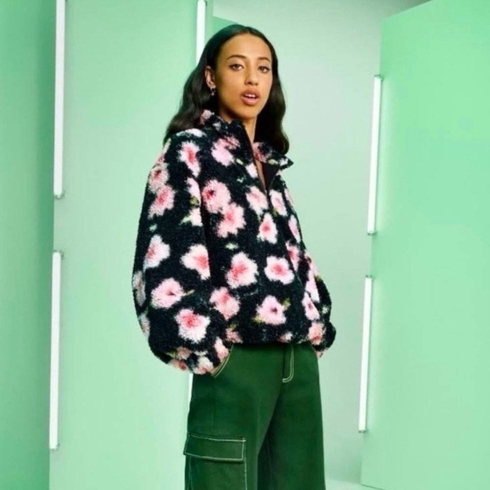 Sandy Liang x Target Black/Pink Floral Print 1/4 Zip Sherpa Jacket